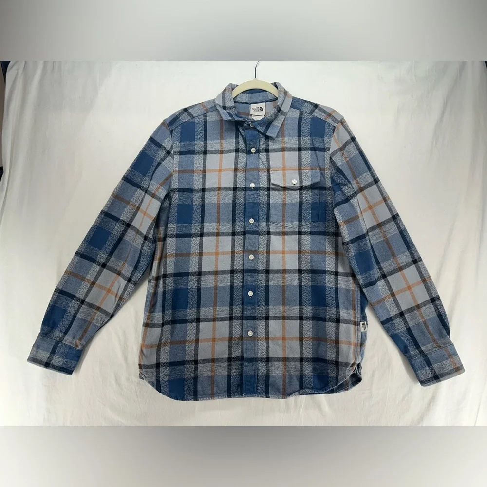The North Face Blue Gray Orange Plaid Flannel Long Sleeve Button Up Shirt Size M